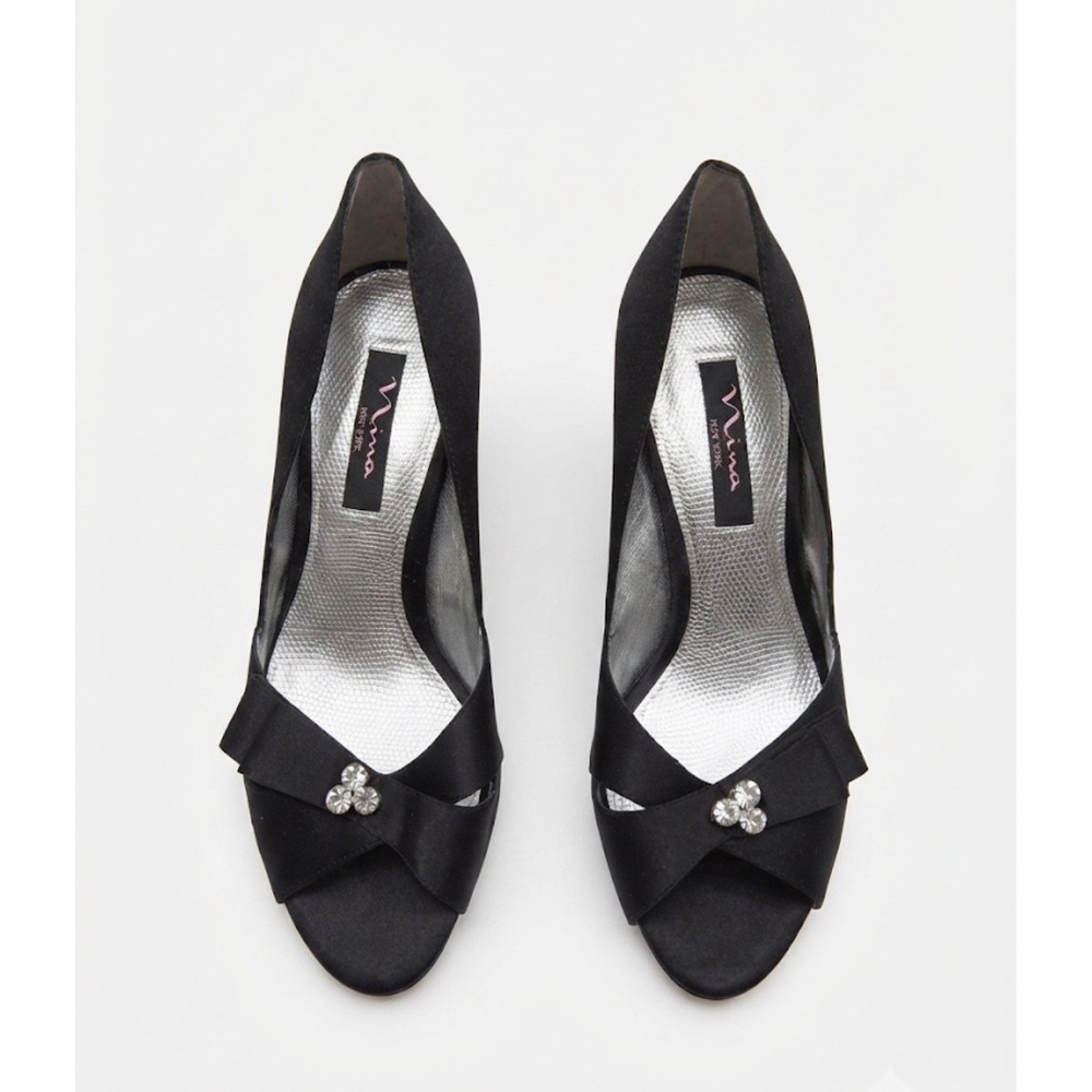 Nina New York Black‎ Satin Rhinestone Bow Peep Toe Kitten Heels Pumps Size 9.5M